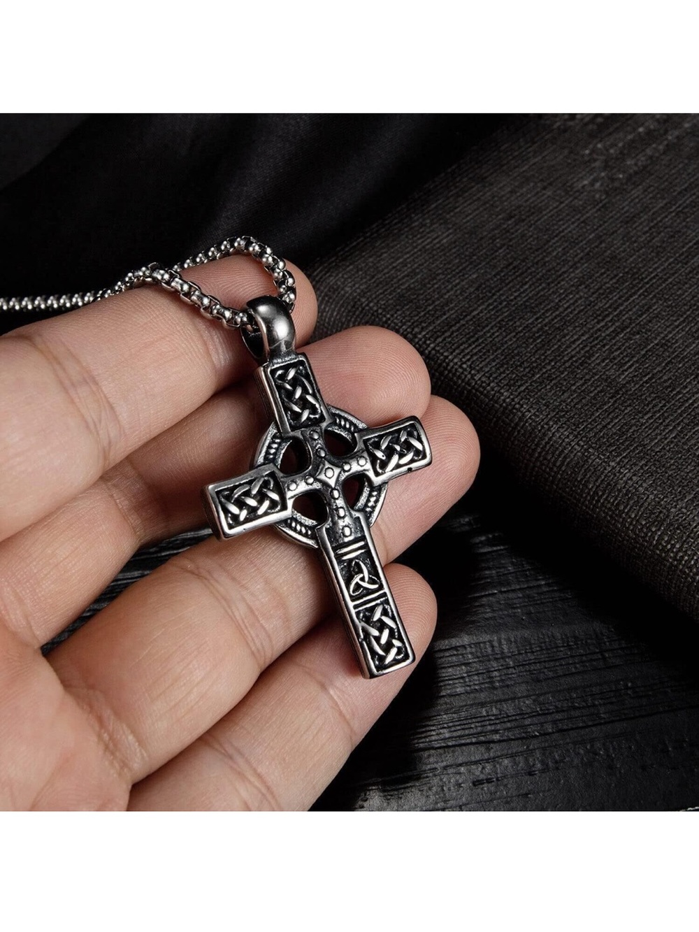 Men's Celtic Trinity Knot Cross Pendant Necklace - Silver Tone C58 - Picture 8 of 8